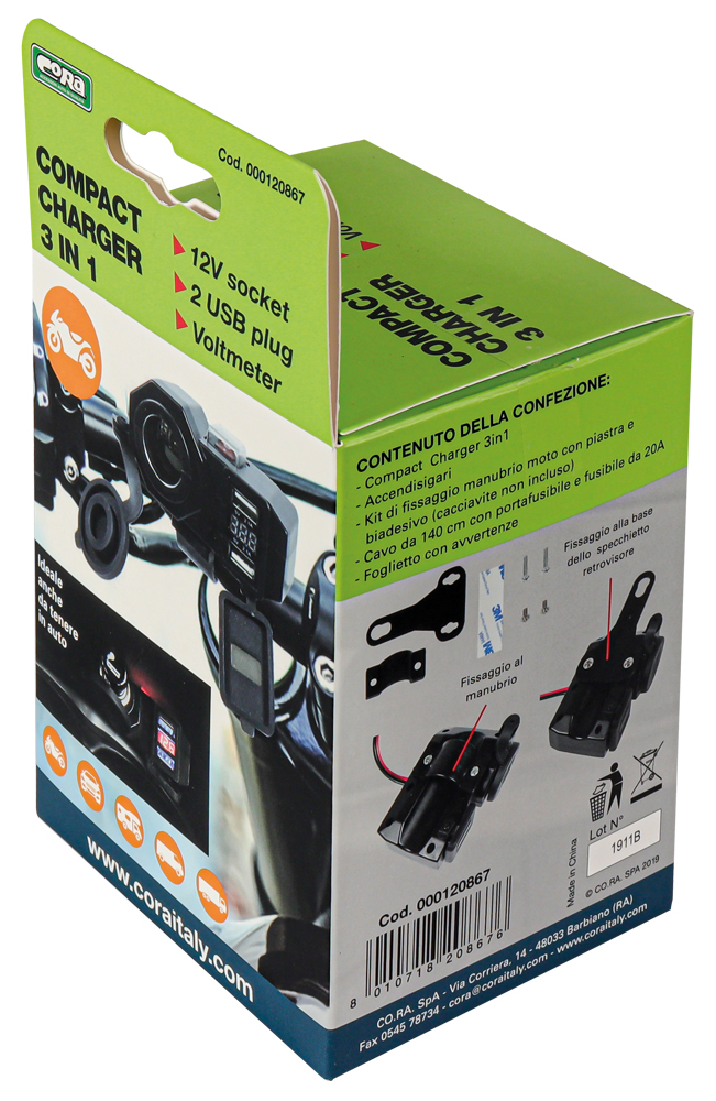 PRESA 12V + 2 USB + VOLTMETRO + CAVO 1,4 M