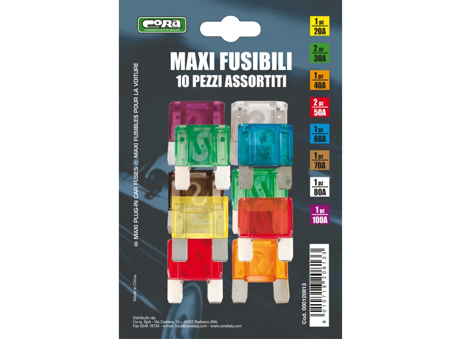 10 MAXI FUSIBILI ASS 20,2x30,40,2x50,60,70,80,100A